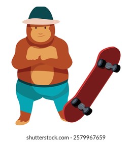 Cool monkey wearing a hat, shorts and posing with his skateboard