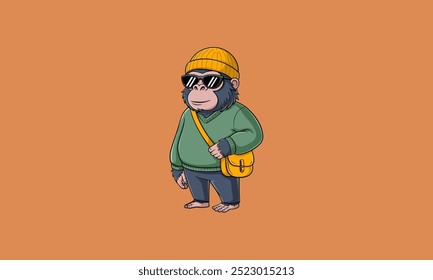 Um macaco legal usando óculos escuros, gorro, suéter e pochete.