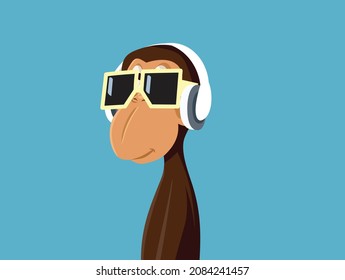 Un mono genial con gafas de sol escuchando la caricatura del vector musical. Mono hipster con auriculares encendidos con canciones favoritas
