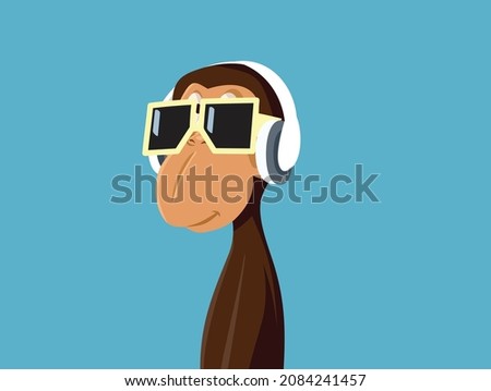 Cool Monkey Wearing Sunglasses Listening to Music Vector Cartoon. Hipster ape with headphones set playing favorite song

