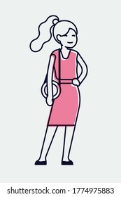 
Cool monoweight stroke illustration on cheerful young adult female student in trendy outfit, isolated. Fully adjustable. Cute linear character design