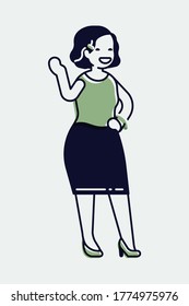 
Ilustración de un golpe frío monowocico en una alegre estudiante adulta con traje de moda, aislada. Totalmente ajustable. Diseño de carácter lineal