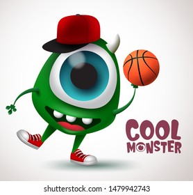 Cool monster basketball character vector design. Basketball player monster creature with funny pose holding ball in white background. 3d Realistic vector Illustration.