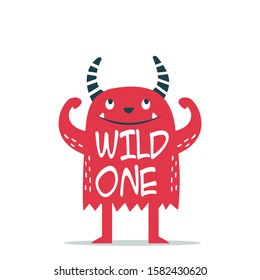 Cool monster cartoon vector with slogan wild one on white background