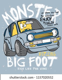Cool monster driving a car vector design for t shirt printing