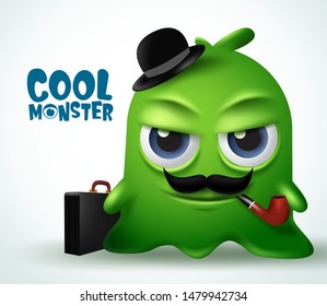 Cool monster mafia boss character vector design. Cool monster boss slime character creature with beard, tobacco pipe, spy hat, and briefcase. 3d realistic vector illustration.