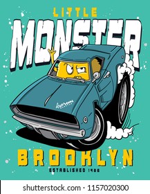 Cool monster riding a car vector design for t shirt printing