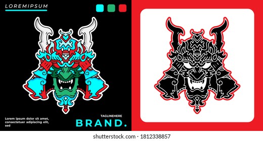 Cool monster samurai head illustration for poster, sticker, or apparel merchandise.With tribal and hipster style.