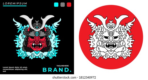 Cool monster samurai head illustration for poster, sticker, or apparel merchandise.With tribal and hipster style.