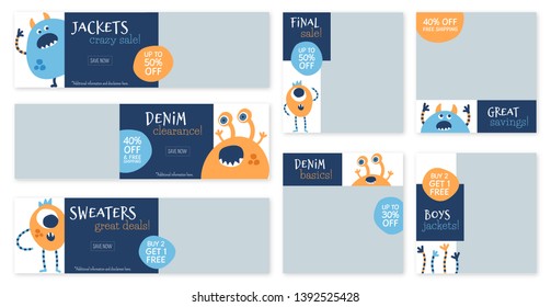 Cool monsters design set for kids fashion sale promotion on social media, website and flyers. Flat graphic design template. Web template. Web banners. Flyer design. 