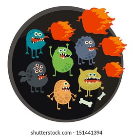Cool monsters with fire. Vector illustration.