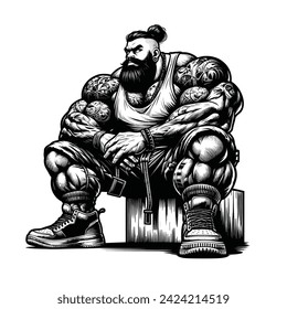 cool monstrous bodybuilder sitting with style