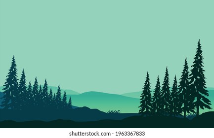 Cool morning atmosphere with mountain views and aesthetic pine tree silhouettes. Vector illustration of a city
