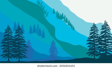 Cool morning atmosphere with mountain views and aesthetic pine tree silhouettes. Vector illustration of a city