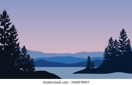 Cool morning atmosphere on the riverbank with a background of mountain views and the surrounding silhouette of pine trees. Vector illustration of a city
