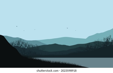 Cool morning with a beautiful view of the mountains from the riverbank as it rises in the morning. Vector illustration of a city