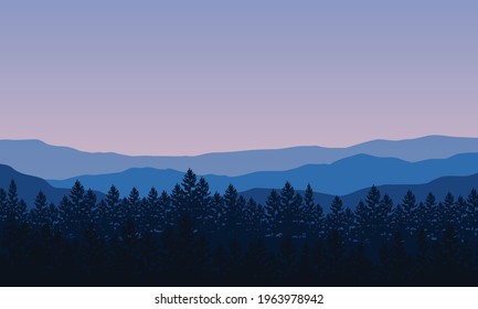 Cool mornings in the countryside with fantastic views of the mountains and silhouettes of pine trees. Vector illustration of a city 