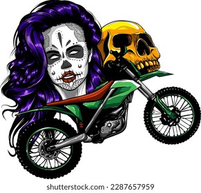 cool motor cross cartoon with with skull and woman