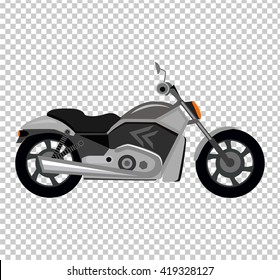 Cool motorcycle isolated on background. Vehicle on two wheels, biker chopper. Transport modern motorbike with power engine. Classic bike for riding in a flat style. Vector illustration