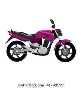 Cool motorcycle isolated on white background. Vehicle on two wheels, biker chopper. Transport modern motorbike with power engine. Classic bike for riding in a flat style. Vector illustration
