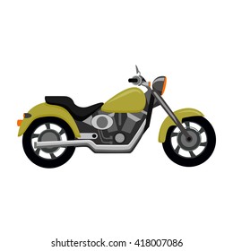 Cool motorcycle isolated on white background. Vehicle on two wheels, biker chopper. Transport modern motorbike with power engine. Classic bike for riding in a flat style. Vector illustration