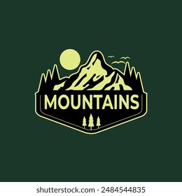 diseño fresco de la ilustración de la montaña con el sol aislado sobre fondo verde