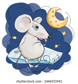 Cool mouse sits on a pillow and admires the cheese moon. Night background with stars