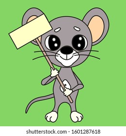 cool mouse stands and holds in his hands a tablet on a stick, vector color clip art on green isolated background