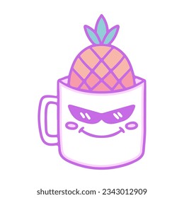 Cool mug character with pineapple fruit inside, illustration for t-shirt, sticker, or apparel merchandise. With doodle, retro, groovy, and cartoon style.