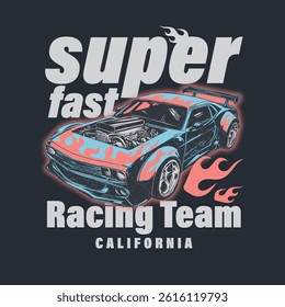 Cool muscle car with flames graphic for boys t-shirt. Retro California street racing design, perfect for kids who love speed, sports cars, and bold automotive artwork. Vector graphic.