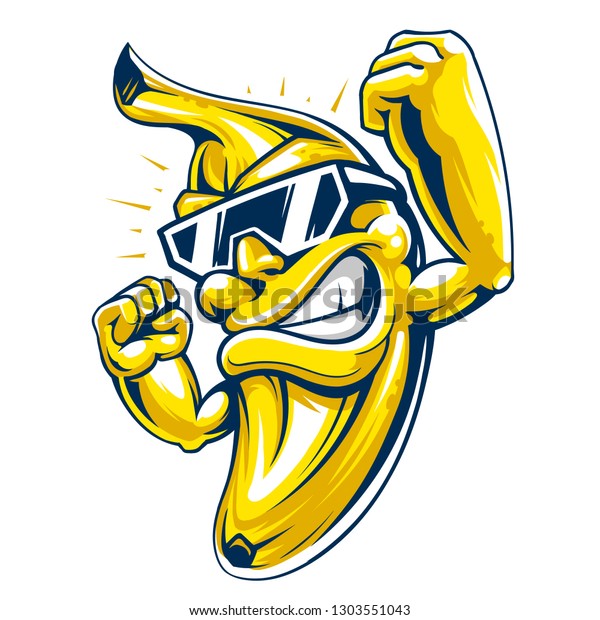 サングラスに入った筋肉たっぷりのバナナのキャラクター 白い背景に強力で幸せなバナナフルーツ 漫画のスタイルのベクター画像マスコット のベクター画像素材 ロイヤリティフリー