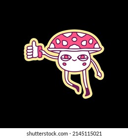 Cool mushroom mascot holding like button, illustration for t-shirt, sticker, or apparel merchandise. With doodle, retro, and cartoon style.