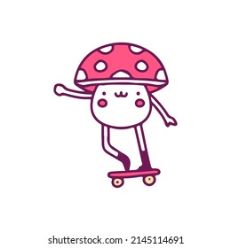 Cool mushroom riding skateboard, illustration for t-shirt, sticker, or apparel merchandise. With doodle, retro, and cartoon style.