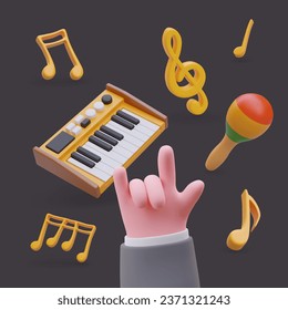 Música genial. mano 3D, signo de cuernos, sintetizador, maracas, notas, trébol. ¡Vamos! Objetos vectoriales flotantes. Ilustración de color en estilo de dibujos animados. Cartel sobre fondo negro