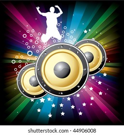 cool music colorful disco background with jumper and golden speaker