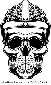 cool mustache skull illustration with small crown