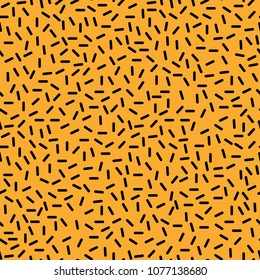 Cool neo hipster style memphis seamless pattern. Minimal ornament with black dashes on orange background. Vector illustration in memphis art style for modern graphic, invitation or booklet templates