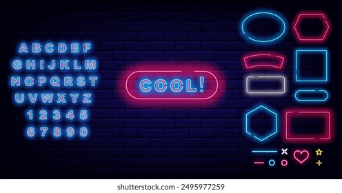 Cool neon badge. Winner vibes. Geometric frames set. Handwritten funny kids text. Shiny blue alphabet. Happy and wow concept. Congrats design. Editable stroke. Vector stock illustration