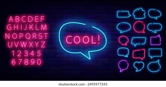 Cool neon banner. Happy vibes. Speech bubbles frames collection. Funny kids text. Vector stock illustration