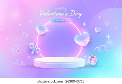 Cool neon Valentine’s day sale podium background with love heart, start, gift and gradient pastel background. Promotion and shopping template for love and valentine’s day idea.