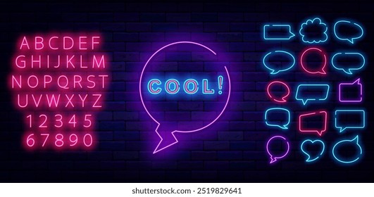 Cool neon emblem. Happy vibes. Speech bubbles frames collection. Shiny pink alphabet. Winning and wow concept. Congrats design. Vector stock illustration