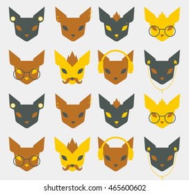 Cool neon hardcore cartoon rock style flat hipster cat face pattern, cat with piercing, cat with cool hairstyle, cat in glasses, cat with headphones