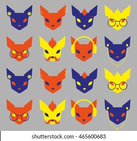 Cool neon hardcore cartoon rock style flat hipster cat face pattern, cat with piercing, cat with cool hairstyle, cat in glasses, cat with headphones