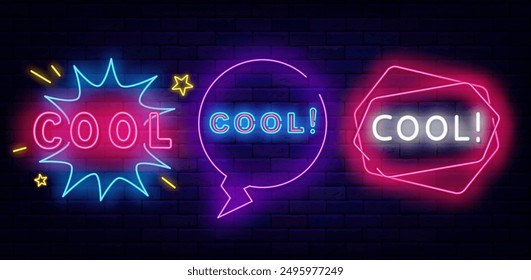 Cool neon labels collection. Happy vibes. Different frames. Handwritten funny text. Vector stock illustration