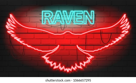 Cool Neon raven sign on brickwall. Vector illustration with neon graphic style.