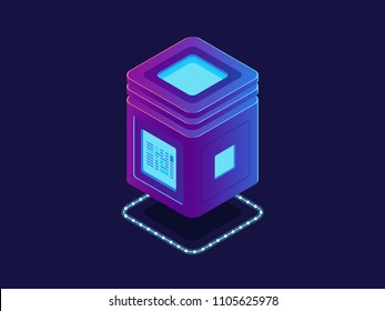 Cool neon server, processing unit, cloud storage database, isometric vector information warehouse, digital technology
