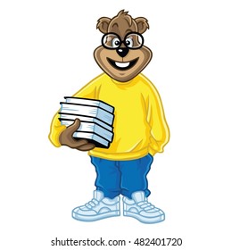 Cool Nerd Bear Holding Books Cartoon Character Mascot Design Vector