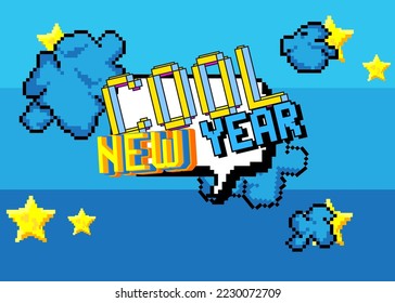 Cool New Year. Pixelated word with geometric graphic background. Vector cartoon illustration.