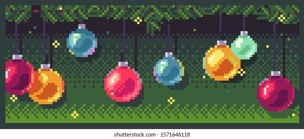 
Cool New Year's art. Christmas tree toys with a Christmas tree for a festive mood. Bright pixel art vector illustration