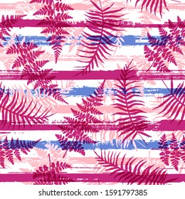 Cool new zealand fern frond and bracken grass overlaying stripes vector seamless pattern. Indonesian jungle foliage swimwear textile print. Tropical leaves silhouettes wallpaper.